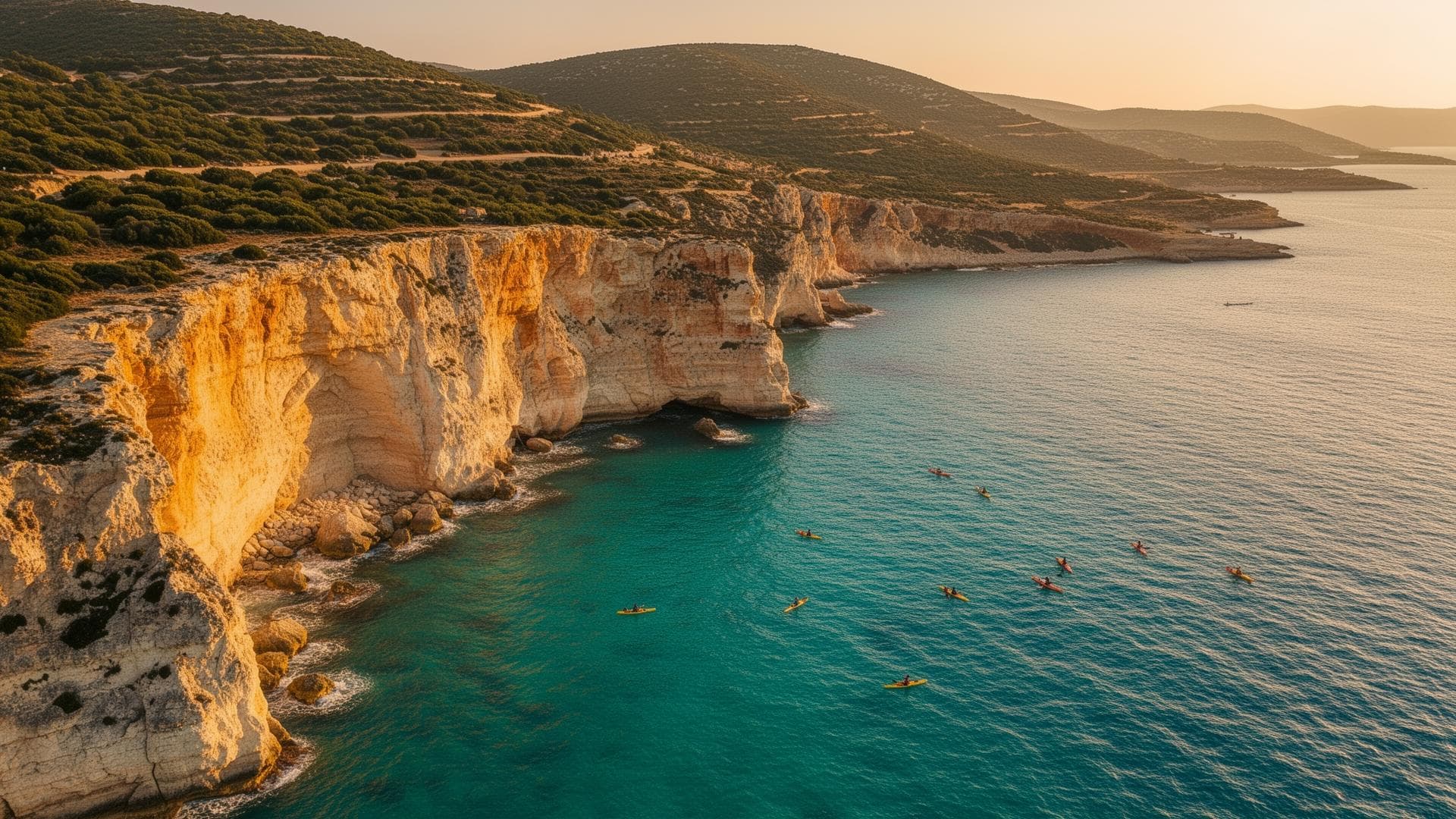 Cyprus coastline with kayakers at golden hour