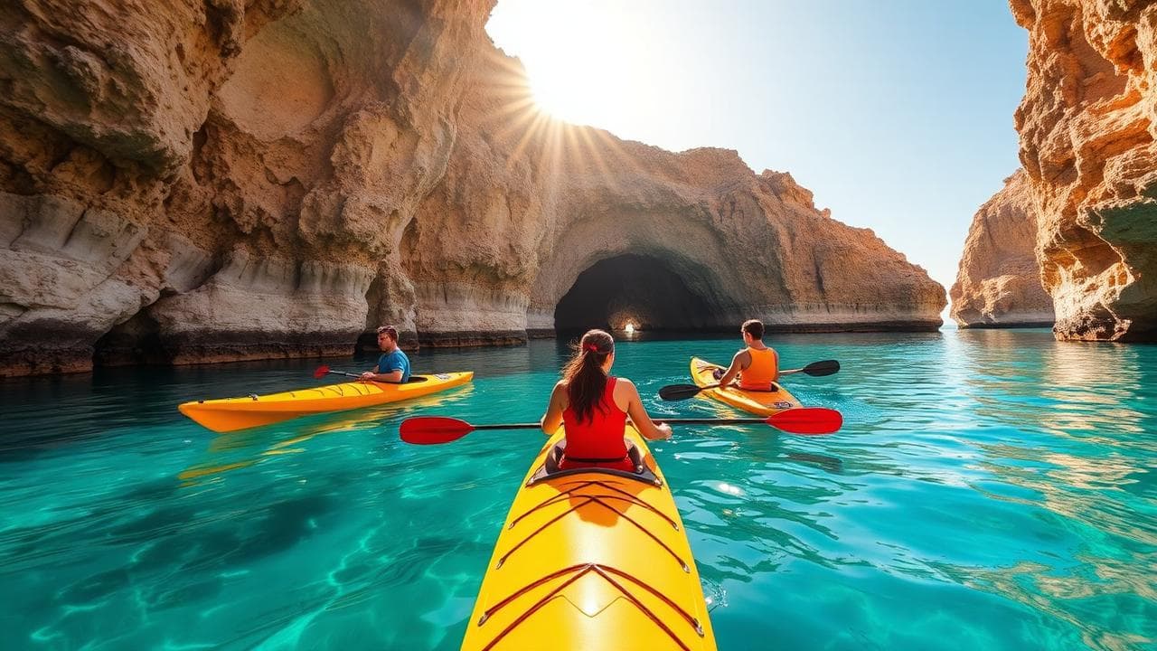 Kayakers exploring sea caves in Cyprus